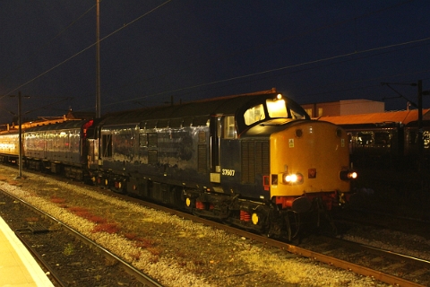 Direct Rail Service class 37/6 no. 37607 waits at Doncaster while hauling an infrastructure monitoring train towards the North at the night of 25th June 2018.